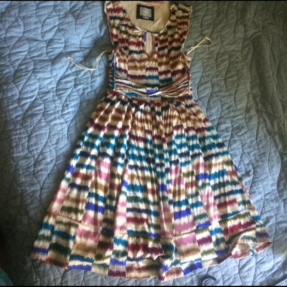 Multicolor Patterned Fit-and-Flare Dress - Pink, Blue, Cream
